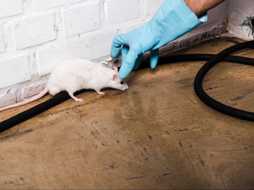 A close-up of an exterminator's hand wearing blue latex gloves picking up a rat.