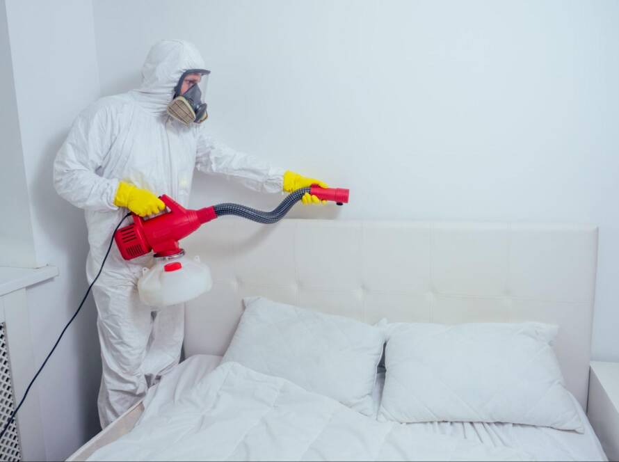 A pest control worker in a white protective suit sprays pesticide in the bedroom.