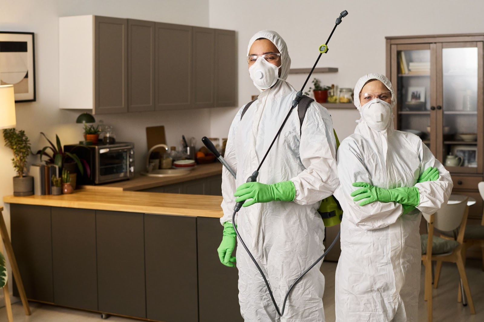 A team of pest control professionals prepare to clean a home.