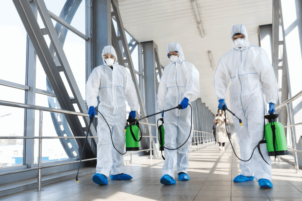 Three pest control technicians in protective gear are ready to spray pesticide inside a commercial building.