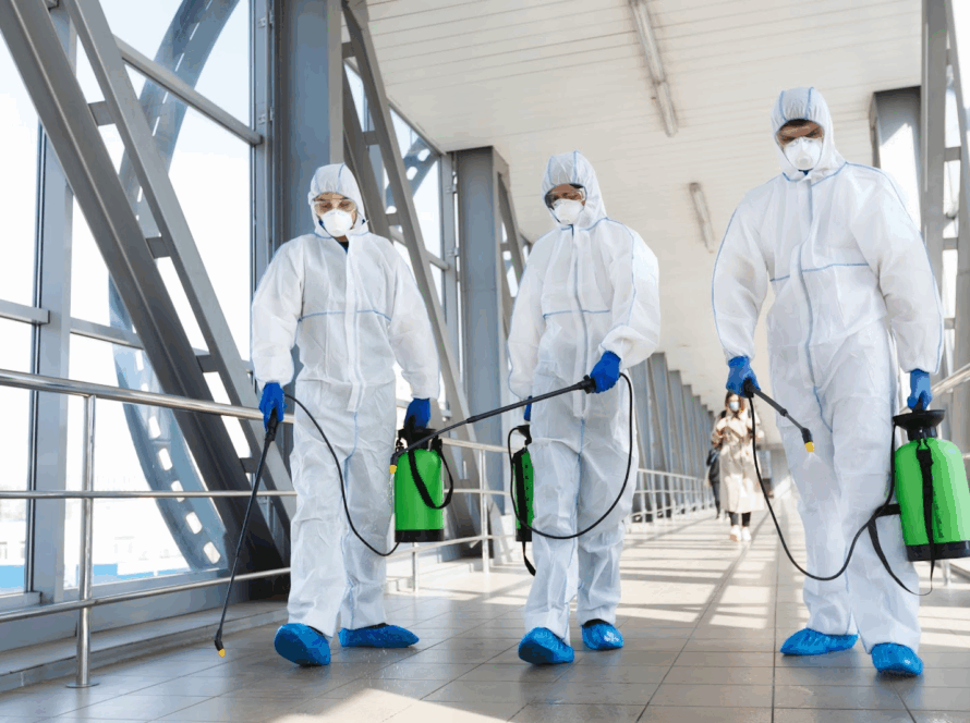 Three pest control technicians in protective gear are ready to spray pesticide inside a commercial building.