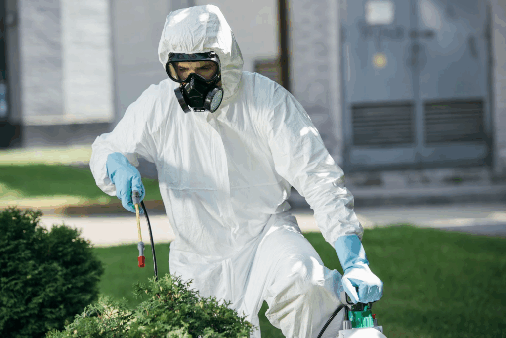 A professional male pest control technician in uniform applying treatment to outdoor bushes using a chemical sprayer.